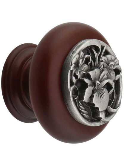 River Iris Wood Knob in Cherry/Antique Pewter.